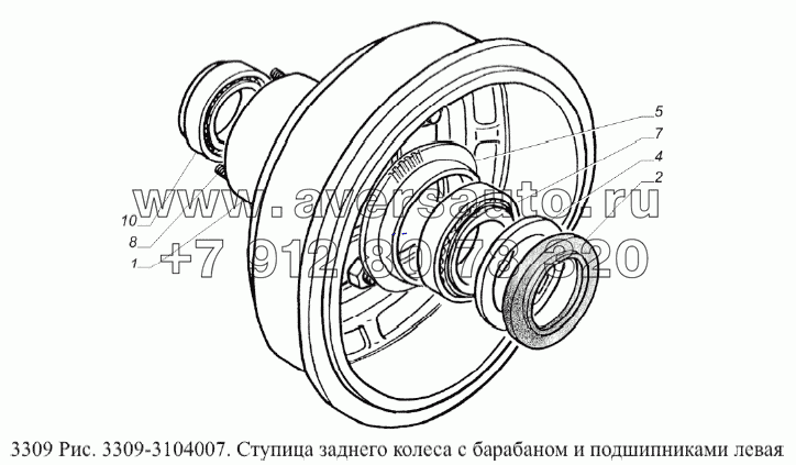 Ступица заднего колеса с барабаном и подшипниками левая